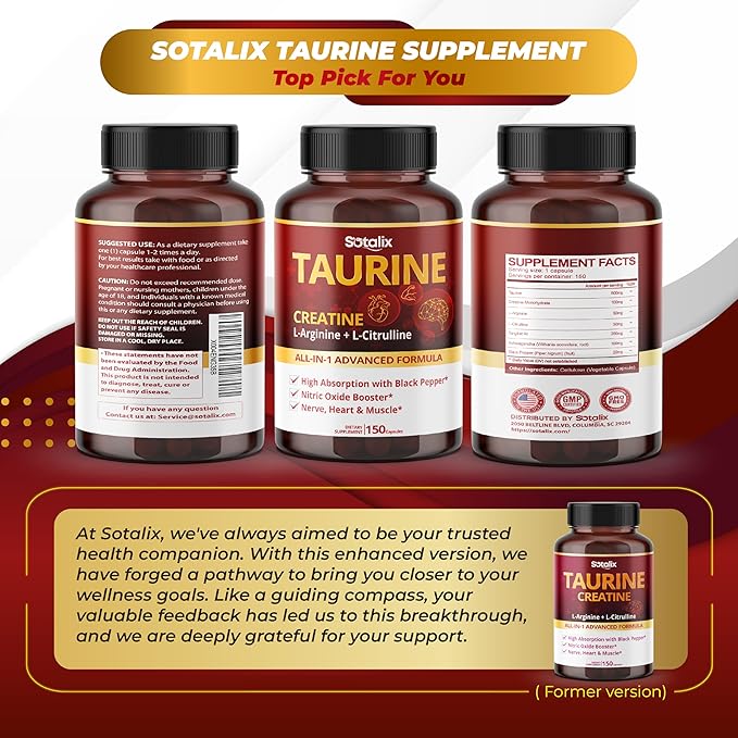 Taurine with Creatine, L-Arginine, L-Citrulline High Absorption with Black Pepper Nitric Oxide Booster, Muscle USA Made & Tested (150 Count (Pack of 1))