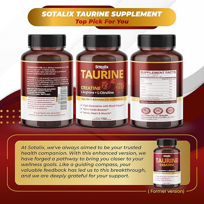 Taurine with Creatine, L-Arginine, L-Citrulline High Absorption with Black Pepper Nitric Oxide Booster, Muscle USA Made & Tested (150 Count (Pack of 1))