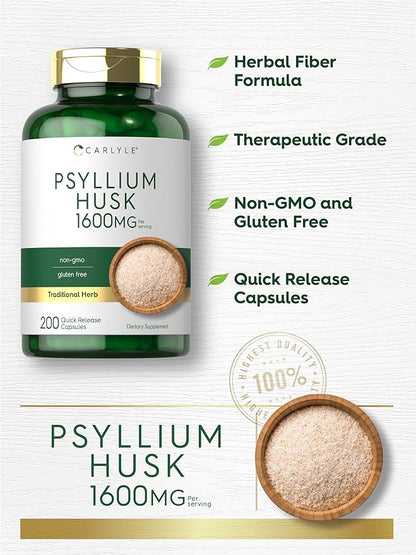 Carlyle Psyllium Husk Capsules | 1600mg | 200 Count | High Potency Fiber Supplement | Non-GMO, Gluten Free