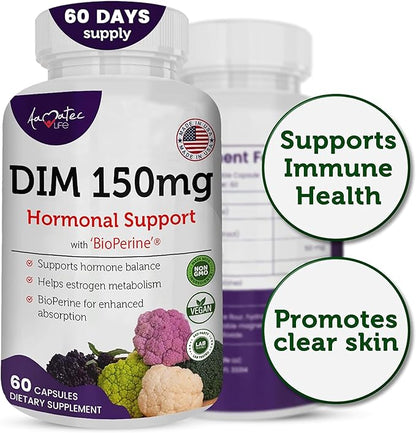 Women’s DIM Complex 150mg - Bioperine Estrogen Balancing Pills for Menopause & Hot Flashes Relief Support Hormonal Acne Powerful Supplement - 60 Capsules - Made in USA