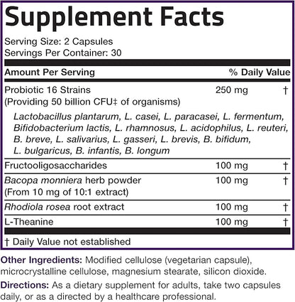 Bronson Brain + Mood Probiotic 50 Billion CFU Plus Prebiotic with L-Theanine, Bacopa and Rhodiola Non-GMO, 60 Vegetarian Capsules