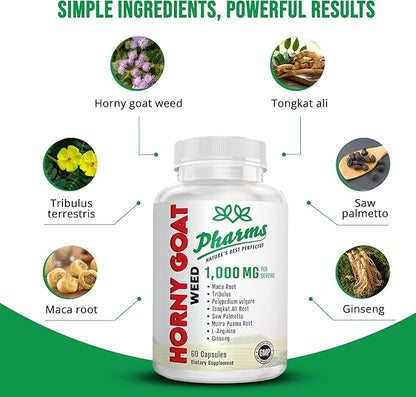 PHARMS Hornygoatweed for Men & Women (1,000 mg) - Energy & Stamina Capsules with Maca Root, Tribulus, Tongkat Ali, Saw Palmetto & Ginseng - Female & Male Performance Enhancing Supplement - 60 Capsules