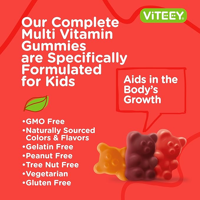 Viteey Kids Multivitamin Gummies, Complete Daily Essential Kids Vitamins - Great for Immune Support & Overall Health - 12 Essential Minerals & Vitamins - Vegetarian, Gelatin Free- Fruit Flavor Gummy