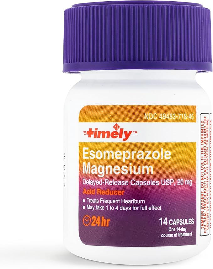 Timely Esomeprazole Magnesium 20mg Antacid Pills - Stomach Acid Reducer, Frequent Heartburn Relief & Acid Reflux Medicine - 24 Hour Esomeprazole Delayed Release Capsules - 42 Count
