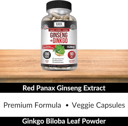 Kaya Naturals Red Panax Ginseng + Ginkgo Biloba - Nootropic Brain Supplement - Cognitive and Concentration Support - Brain Booster, Focus, and Memory Supplement - 180 Capsules