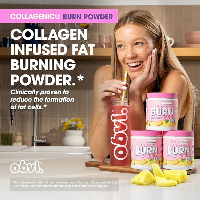 Obvi Collagenic Burn Powder | Multi-Collagen Peptide Blend with GBB, Ashwagandha & Green Coffee | Boosts Metabolism, Supports Skin, Hair, Nails, Joints | Pineapple Coconut 25 Servings