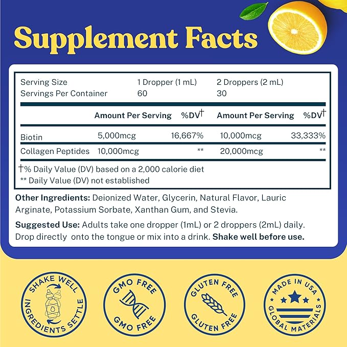 Concentrated Liquid Collagen Peptides Supplement - Hair, Skin, Nail, Joints Support - Sublingual Drops by WINDSOR BOTANICALS - 10,000mcg Collagen, 5,000mcg Biotin - Lemon Flavor - 2-Month - 2 oz