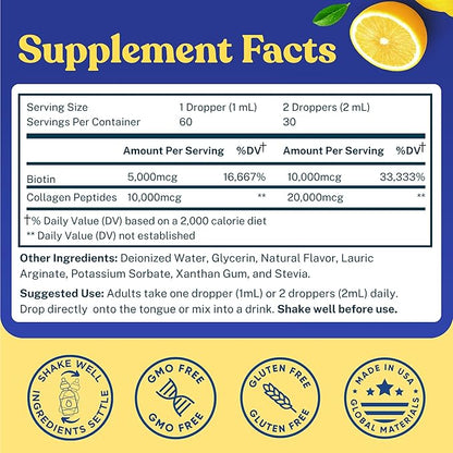 Concentrated Liquid Collagen Peptides Supplement - Hair, Skin, Nail, Joints Support - Sublingual Drops by WINDSOR BOTANICALS - 10,000mcg Collagen, 5,000mcg Biotin - Lemon Flavor - 2-Month - 2 oz