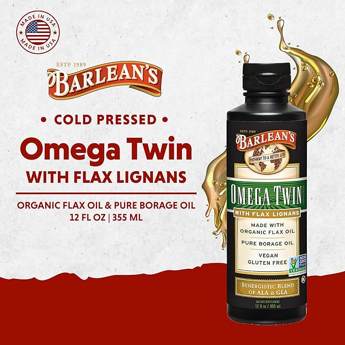 Barlean's Omega Twin Liquid Flaxseed Oil and Pure Borage Oil Supplement with Lignans, 6,010mg ALA and 465mg GLA Omega Fatty Acids from Organic Flax Seed and Cold Pressed Borage Seeds, 12 oz