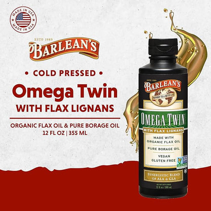 Barlean's Omega Twin Liquid Flaxseed Oil and Pure Borage Oil Supplement with Lignans, 6,010mg ALA and 465mg GLA Omega Fatty Acids from Organic Flax Seed and Cold Pressed Borage Seeds, 12 oz