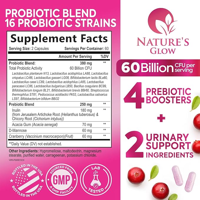 Probiotics For Women 60 Billion CFU - Women's Probiotic For Digestive Health 16 Unique Strains - Daily Vaginal PH Balance & Feminine Health Support, Womens Probiotic With Acidophilus - 120 Capsules