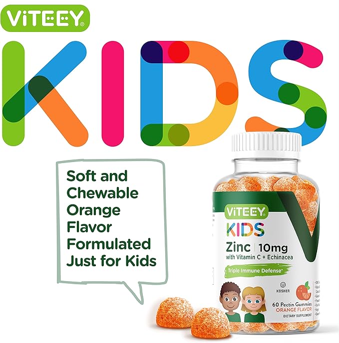 Zinc for Kids Gummies 10mg, with Vitamin C & Echinacea - Immune Support, Powerful Natural Antioxidant, Kids Zinc Vitamin Supplement - Vegan, Gelatin Free - Tasty Chewable Orange Flavor Gummy
