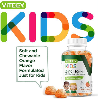 Zinc for Kids Gummies 10mg, with Vitamin C & Echinacea - Immune Support, Powerful Natural Antioxidant, Kids Zinc Vitamin Supplement - Vegan, Gelatin Free - Tasty Chewable Orange Flavor Gummy