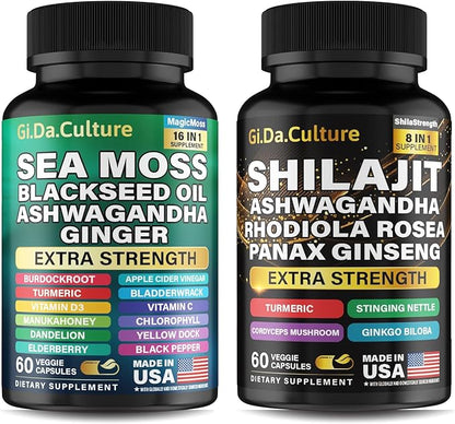 GiDa Culture Shilajit and Sea Moss Combo - Sea Moss and Shilajit Bundle with Ashwagandha, Black Seed, Turmeric, Bladderwrack, Burdock, Black Pepper with Vitamins and Antioxidants - 120 Veggie Capsules