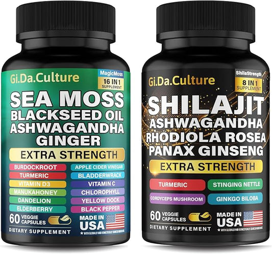 GiDa Culture Shilajit and Sea Moss Combo - Sea Moss and Shilajit Bundle with Ashwagandha, Black Seed, Turmeric, Bladderwrack, Burdock, Black Pepper with Vitamins and Antioxidants - 120 Veggie Capsules