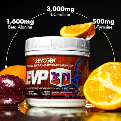 Evogen EVP 3D - Stim Free Pre Workout Powder for Men & Women | Sugar Free Non Stim Preworkout with Beta Alanine and Creatine for Energy & Pump | Orange | 40 Servings