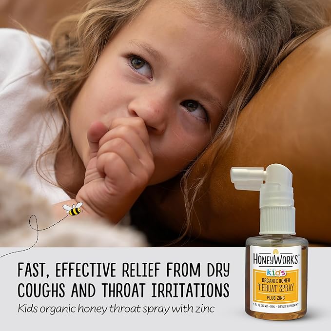 HoneyWorks Kids Throat Spray for Sore Throat Relief, 1 Oz (Pack of 2) Soothing Non-GMO USDA Organic Dark Honey + Zinc, Fast-Acting Relief, 12 Months+