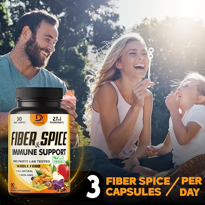 27in1 Fiber and Spice Supplement - Combined with Organic Psyllium, Whole Apple, Elderberry & More - Support Mood, Body & Immunity - 90 Capsules for 1 Month