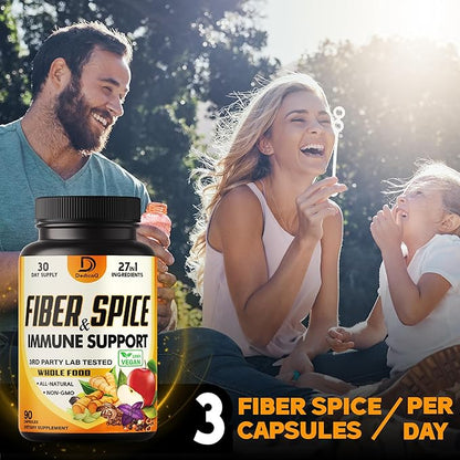 27in1 Fiber and Spice Supplement - Combined with Organic Psyllium, Whole Apple, Elderberry & More - Support Mood, Body & Immunity - 90 Capsules for 1 Month