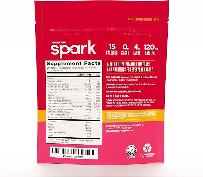 AdvoCare Spark Vitamin & Amino Acid Supplement - Focus & Energy Drink Powder Mix with Vitamin A, B-6, C & E - Also Includes L-Carnitine & L-Tyrosine - Cranberry Peach Orange, 14 Stick Packs