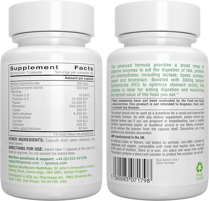 Igennus Fast Action Digestive Enzymes & Betaine HCl, 10 Broad Spectrum Enzymes with Protease, Lipase & Lactase, Papain & Bromelain, Plant-Based Vegan, Clean Label, for Women and Men, 6 Pack