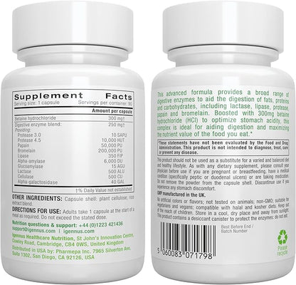 Igennus Fast Action Digestive Enzymes & Betaine HCl, 10 Broad Spectrum Enzymes with Protease, Lipase & Lactase, Papain & Bromelain, Plant-Based Vegan, Clean Label, for Women and Men, 6 Pack