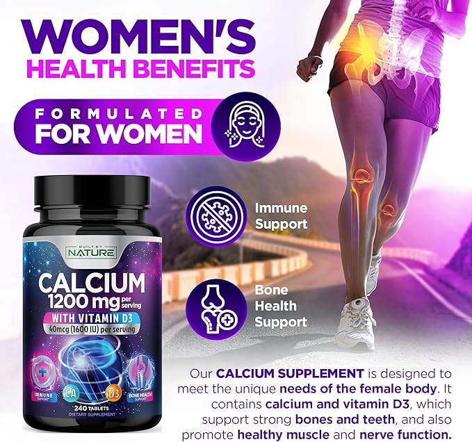 Calcium 1200mg with Vitamin D3 for Best Absorption - Advanced Bone Support Supplement, 1200 mg Calcium Carbonate & 1600 IU Vitamin D3, Slow Release for Immune Support, Easy to Swallow, 240 Tablets
