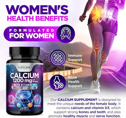 Calcium 1200mg with Vitamin D3 for Best Absorption - Advanced Bone Support Supplement, 1200 mg Calcium Carbonate & 1600 IU Vitamin D3, Slow Release for Immune Support, Easy to Swallow, 240 Tablets