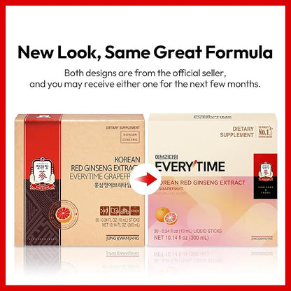Everytime Korean Red Ginseng Extract 1,000mg & Grapefruit - Vegan Ginseng Root Energy Drink Liquid Stick Supplements - Builds Stamina & Immunity, No Caffeine (30 Sticks, 0.34 fl oz)