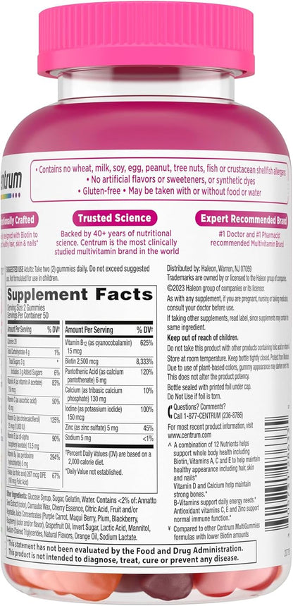 Centrum MultiGummies Multi+ Beauty Dual Action Multivitamin, Specially Designed with Biotin for Healthy Hair, Skin and Nails, Cherry/Berry/Orange Flavors - 100 Count