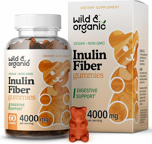 Wild & Organic Inulin Fiber Gummies 4000mg - Digestive Support w/Chicory Root - Soluble Fiber Supplement w/Inulin Powder - Prebiotics for Gut Support - 60 Prebiotic Gummies