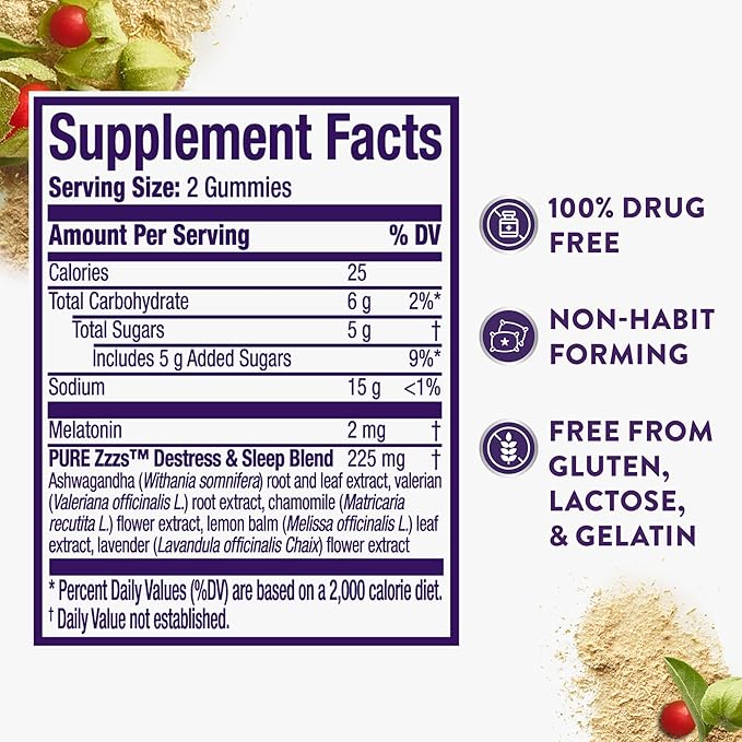 ZzzQuil PURE Zzzs De-Stress Melatonin Sleep Aid Gummies, Helps Calm Your Mind and Body, Ashwagandha for Stress Support, Sleep Aids for Adults, 1 mg per gummy, 42 Count
