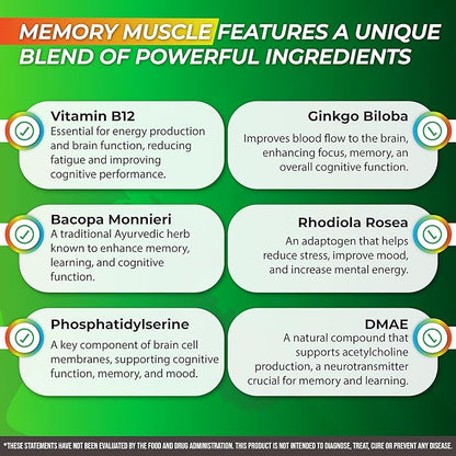 Memory Muscle - Premium Memory Support Supplement with Nootropics for Enhanced Focus & Mental Clarity - Featuring B12 for an Added Energy Boost