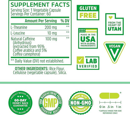 Zhou Energy + Focus - L Theanine Caffeine Pills, 200mg L-Theanine, 100mg Natural Anhydrous Caffeine Boost for Adults, Men & Women, Slow Extended Release - 60 Vegetarian Capsules (Pack of 1)