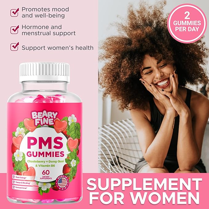 PMS Gummies - PMS Vitamins for Women & Teens - PMS Period Relief - Cramping, Bloating, Mood Swings - Made in The USA (Strawberry, 60 Count)