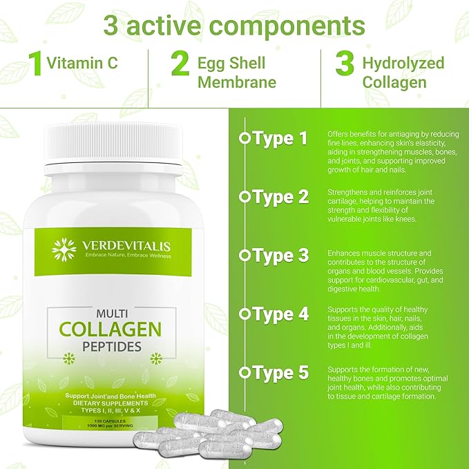 Multi Collagen Peptides Capsules -Non-GMO&Gluten Free Type I, II, III, V, X Hydrolyzed Collagen Supplements with Vitamin C - Supports Healthy Hair, Skin, Nails, & Joints - 120 CPS