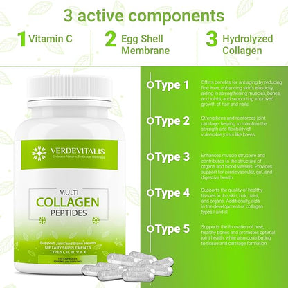 Multi Collagen Peptides Capsules -Non-GMO&Gluten Free Type I, II, III, V, X Hydrolyzed Collagen Supplements with Vitamin C - Supports Healthy Hair, Skin, Nails, & Joints - 120 CPS