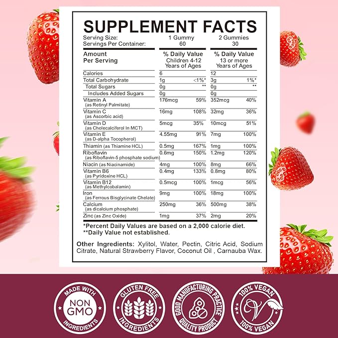 Iron Supplement Gummies for Kids - with Calcium, Zinc, Kids Multivitamin with Iron Gummies - Immune Support, Blood Builder & Energy Support for Iron Deficiency - 2 Pack Strawberry Flavour, 60 Gummies