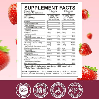 Iron Supplement Gummies for Kids - with Calcium, Zinc, Kids Multivitamin with Iron Gummies - Immune Support, Blood Builder & Energy Support for Iron Deficiency - 2 Pack Strawberry Flavour, 60 Gummies