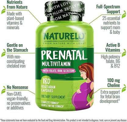 NATURELO Prenatal Multivitamin with Gentle Chelated Iron, Methyl Folate, Plant Calcium & Choline - Vegan, Vegetarian - Non-GMO - Gluten Free - 180 Capsules - 2 Month Supply