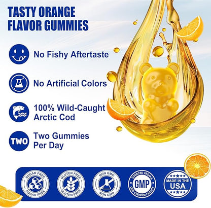 (Made in USA) Cod Liver Oil 1000mg Gummies for Adults & Kids, with Vitamin A & D3 - Omega 3 Fish Oil Alternative - DHA 360mg & EPA 240mg for Brain, Bone, Eye & Immune Health, Sugar Free, 120 Cts
