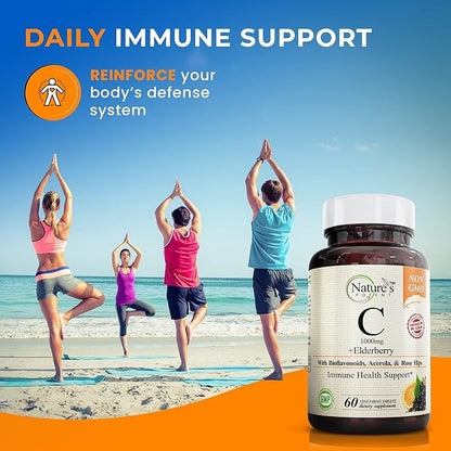 Nature's Potent Vitamin C 1000mg & Elderberry Immune Support Supplement - Vitamin C Supplements with Black Elderberry Extract - Vegetarian Immune Support Vitamins - (60 Tablets)