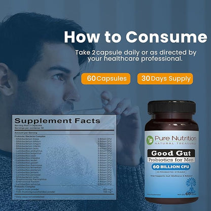 Pure Nutrition Good Gut Men's Probiotics 60 Billion CFU, 20 Strains | 60 Caps | Probiotics for Men with Organic Prebiotic Blend | Once Daily | Non GMO | Gluten Free