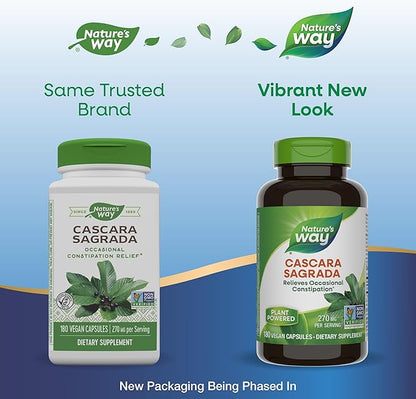 Nature’s Way Cascara Sagrada Bark, Occasional Constipation Relief*, Supports Regularity*, Non-GMO Project Verified, 270 mg per Serving, 180 Capsules (Packaging May Vary)
