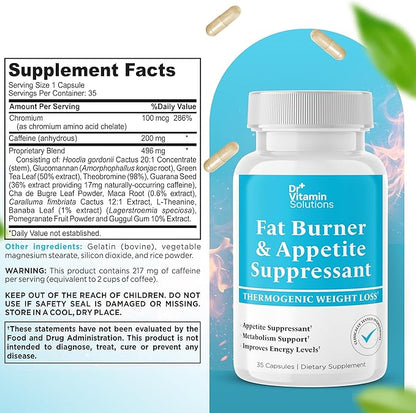 DR VITAMIN SOLUTIONS Fat Burner for Women & Men - Appetite Suppressant for Weight Loss - Pills with Chromium, Caffeine & Green Tea Extract - Metabolism Booster Thermogenic Weight Loss - 35 Capsules