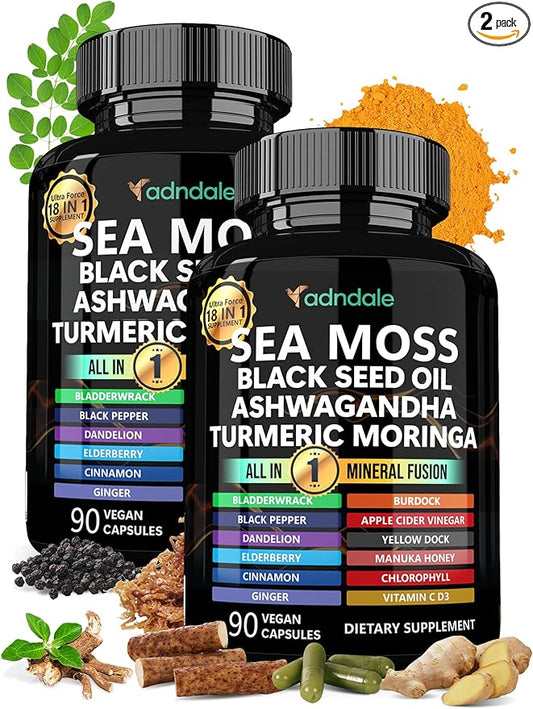 Sea Moss Black Seed Oil Ashwagandha Ginger Capsules. Sea Moss Capsules with Black Seed Oil, Ashwagandha, Turmeric, Moringa, Bladderwrack, Burdock Root, Manuka Honey, Cinnamon. 180 Count
