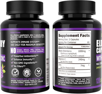 ECO-TASTE Elderberry Capsules with Zinc & Vitamin C - 120 Capsules, Sambucus Elderberries for Immune Support, Skin Health - Veggie Caps