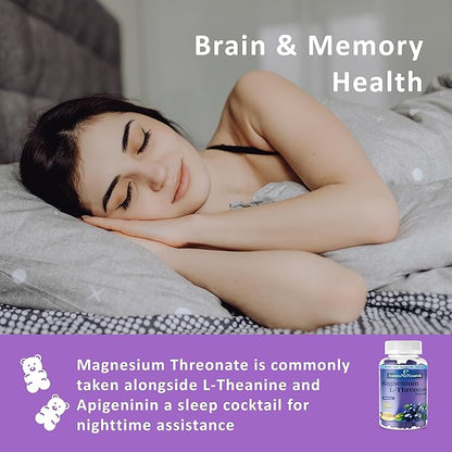 Magnesium L-Threonate Gummies with Apigenin L-Theanine Cat Claw Ginkgoo Biloba Fiber VIT D3 K2 B6 Coq10, Focus Memory Brain Support, Magnesium Threonate Gummies Sugar Free Keto Vegan - Blueberry