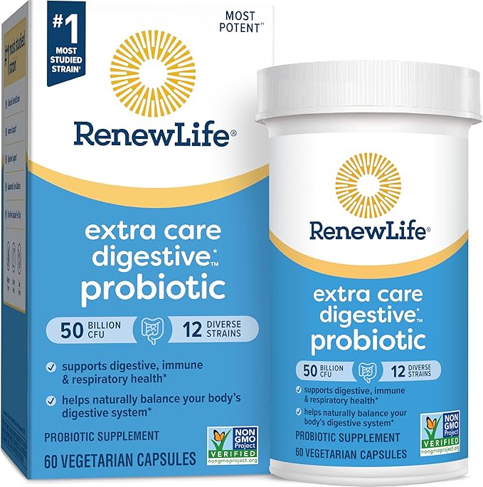Renew Life Extra Care Digestive Probiotic Capsules, 50 Billion CFU Guaranteed, Daily Supplement Supports Immune, Digestive, Respiratory Health(1), L. Rhamnosus GG, Dairy, Soy and Gluten-Free, 60 Count