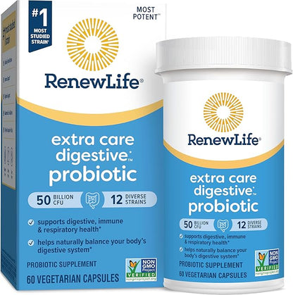 Renew Life Extra Care Digestive Probiotic Capsules, 50 Billion CFU Guaranteed, Daily Supplement Supports Immune, Digestive, Respiratory Health(1), L. Rhamnosus GG, Dairy, Soy and Gluten-Free, 60 Count